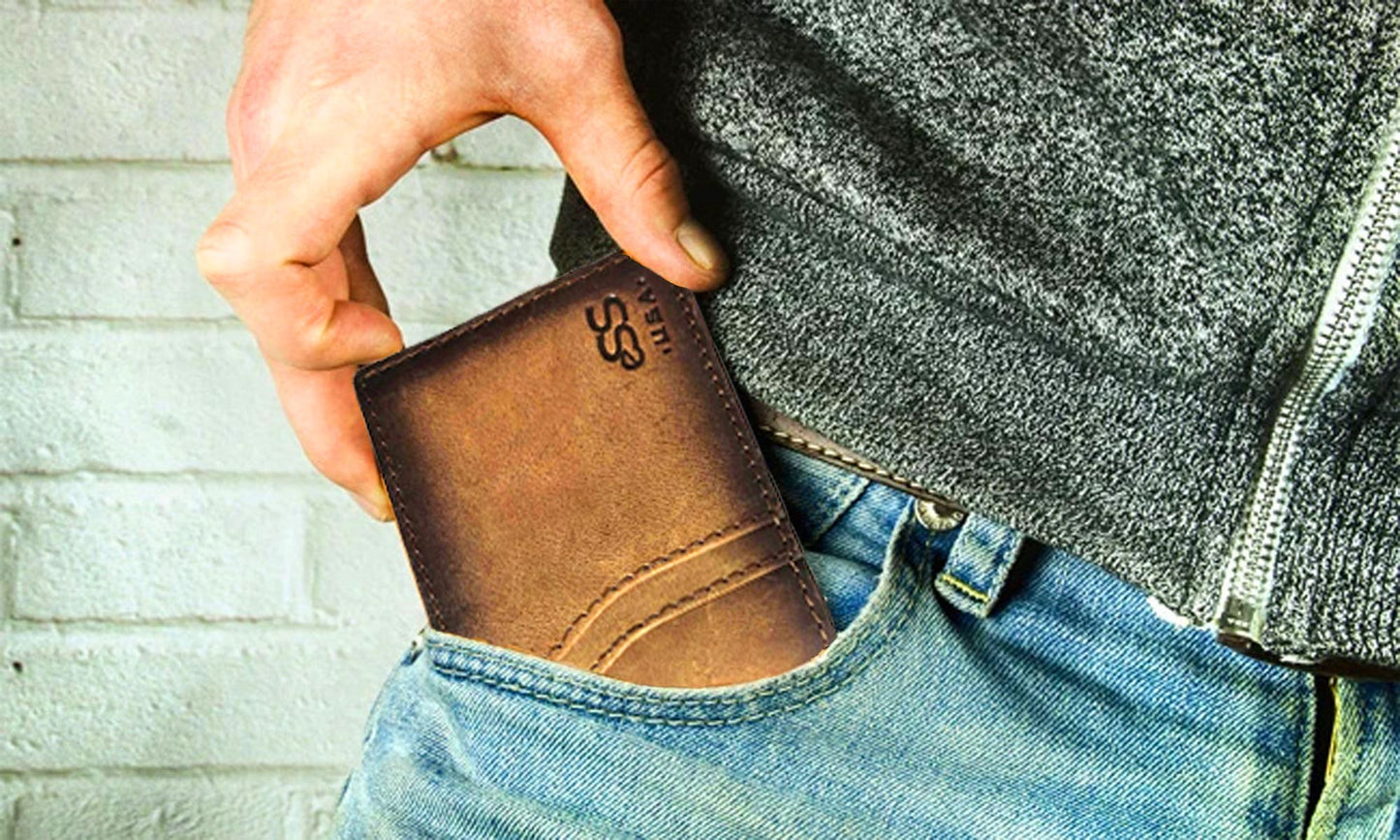 Slim wallet for men - Real Leather Front Pocket Wallet with internal - Money Clip Credit card holder - Teak -best cool gifts for dad (4 .25" x 2.50"