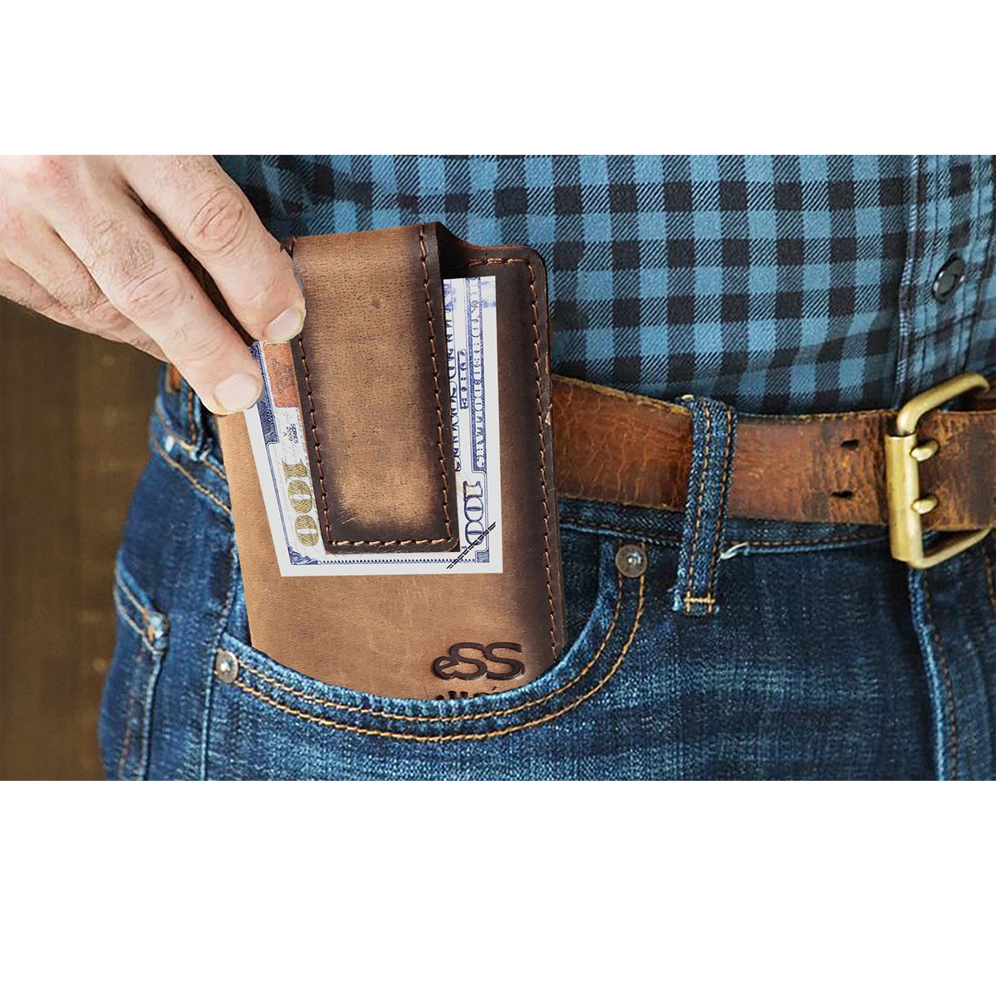 eSS Money clip for men - Rfid Blocking- Real Vegetable tan Leather - Front pocket money holder wallet for men slim minimalist- Teak -best cool gifts for dad