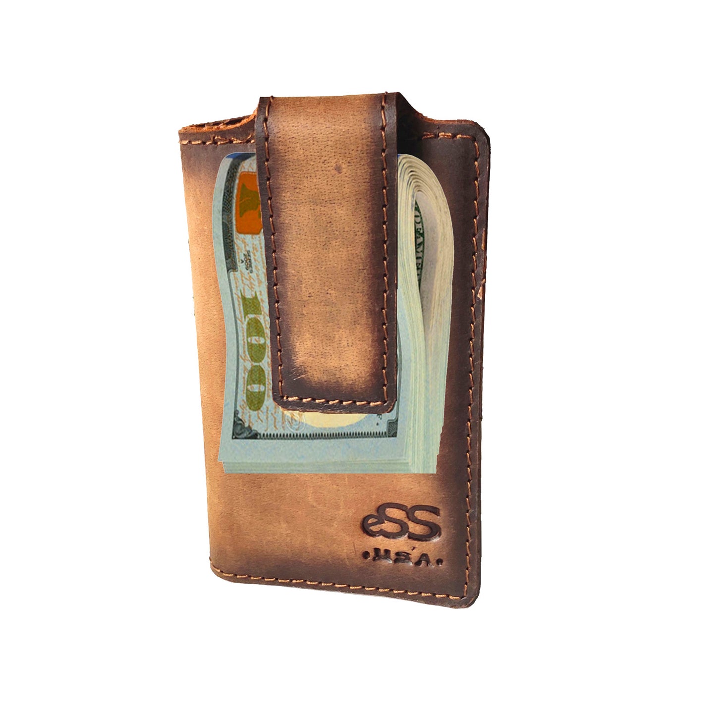 eSS Money clip for men - Rfid Blocking- Real Vegetable tan Leather - Front pocket money holder wallet for men slim minimalist- Teak -best cool gifts for dad