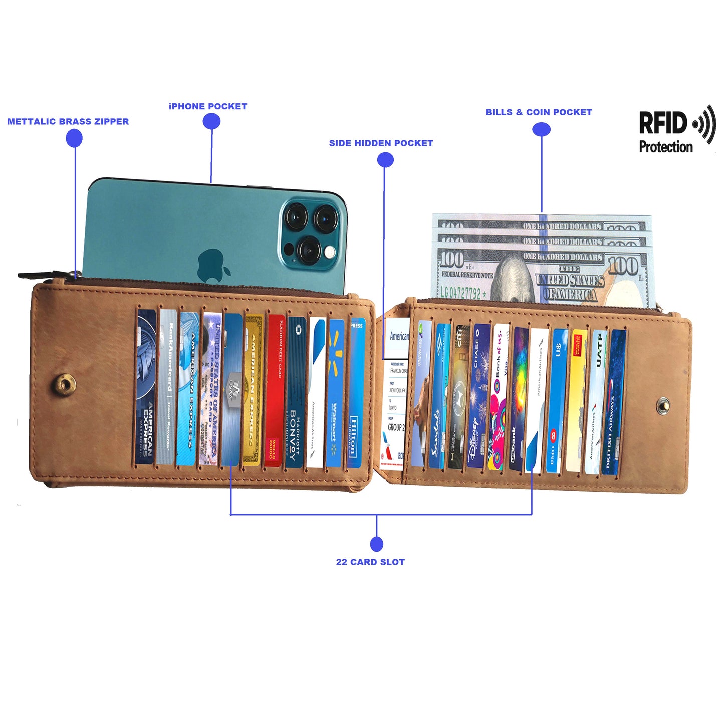 eSS RFID Blocking double zipper Bifold Wallet for Women Slim Credit Card Holder Money Organizer with 43 card slots - Brown Leather Travel case - pocket for bills, Passport, an iPhone, one ID window