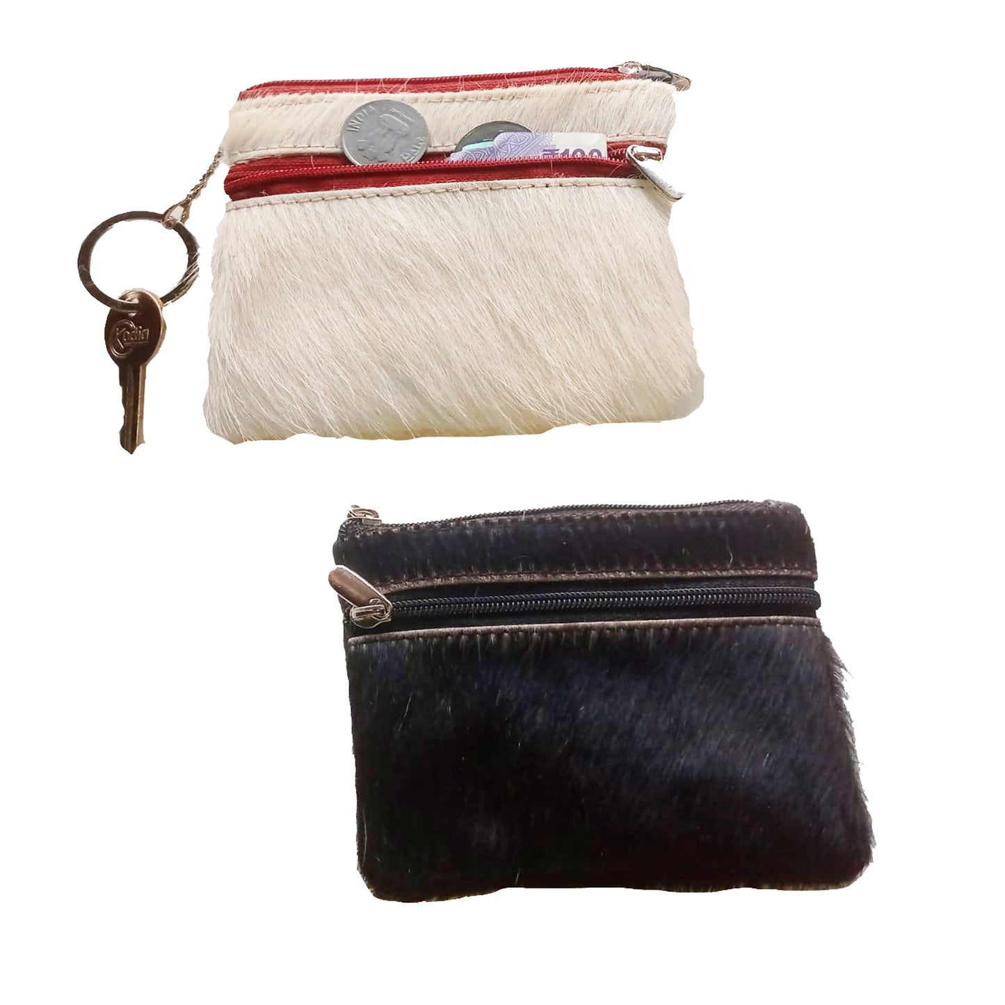 eSS Western cow hair coin purse pouch 2 zipper pockets – 1 open pocket wallet with keychain, Black-White Real Cowhide Leather, Cute, Handy, - Holds Bills, Cards, Keys, Pack of 2