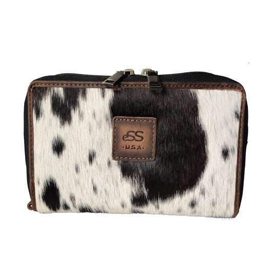 Real Cowhide Leather Wristlet Wallet for Women – Black & White Hair-On Western Purse | RFID-Blocking Large Capacity Organizer | 32 Card Slots, Phone & Checkbook Holder, Zipper Closure