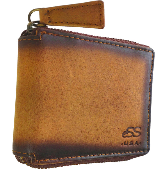 Zipper wallet for men - Real Vegetable tan Leather wallets - Credit card holder with zip coin pocket - Teak - best cool gifts for dad (4 .25" x 3.50 "