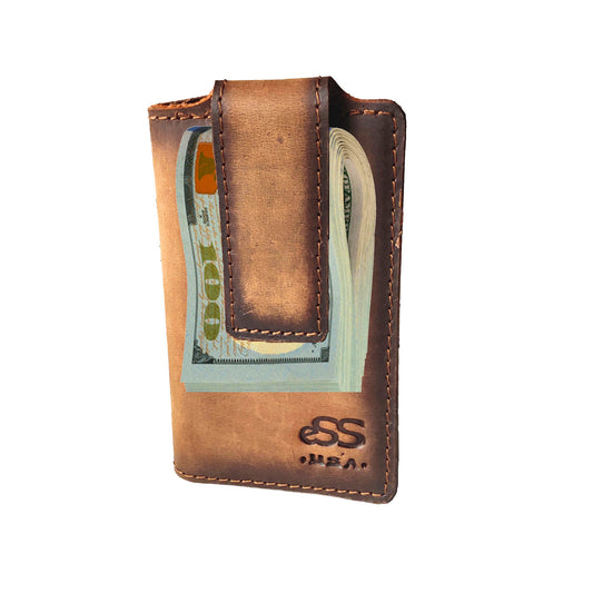 eSS Money clip for men - Rfid Blocking- Real Vegetable tan Leather - Front pocket money holder wallet for men slim minimalist- Teak -best cool gifts for dad